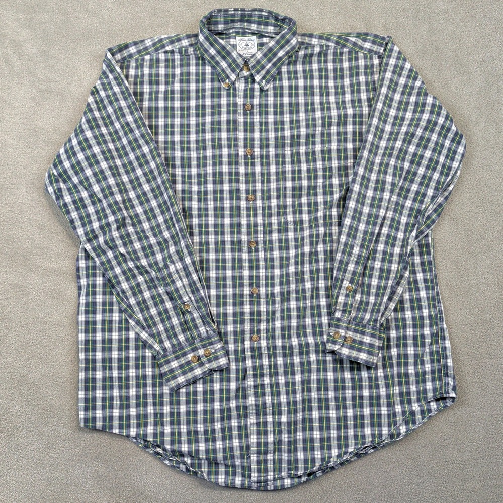 Vintage Brooks Brothers Sport Shirt Mens Large Green Blue Plaid 100% Cotton